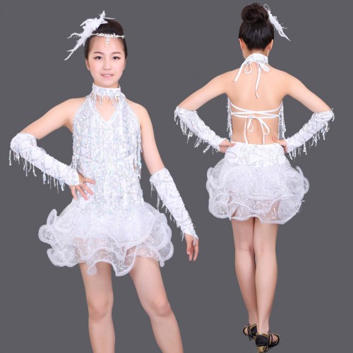 Sequined fringe latin dresses girl's kids children green white black pink  competition stage performance salsa chacha latin dance dresses